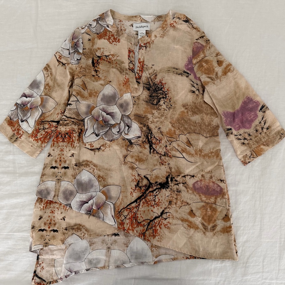 Peck & Peck Beige Lagenlook Tunic with asymmetrical hem, Linen